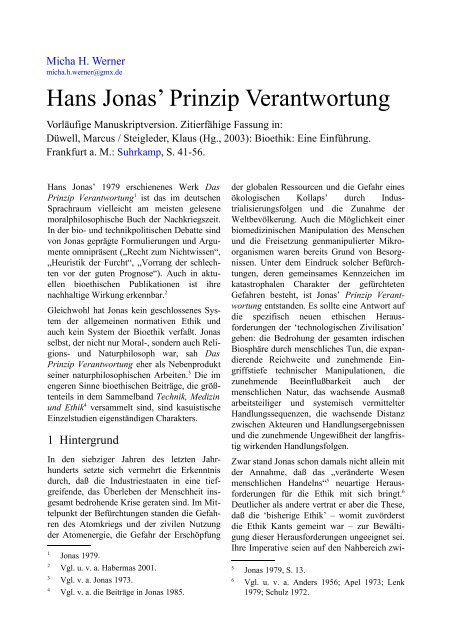 Hans Jonas' Prinzip Verantwortung. - Micha H. Werner