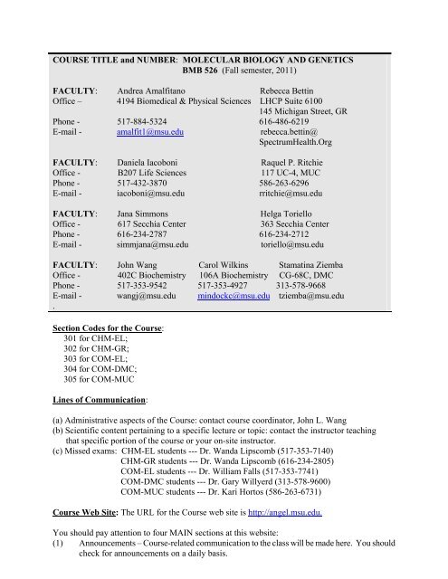 MOLECULAR BIOLOGY AND GENETICS BMB 526