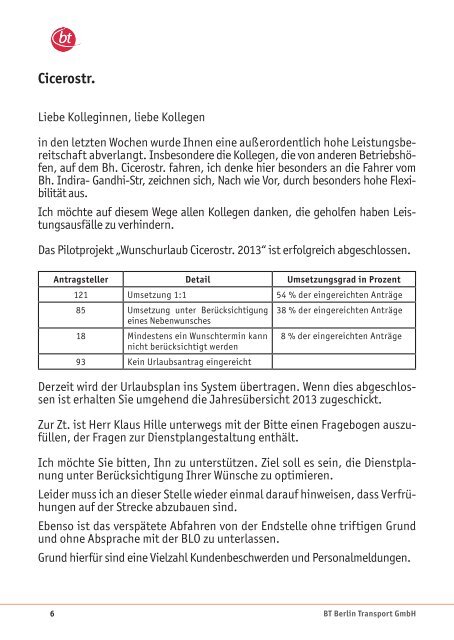 Mitteilungen aus der Pallasstraße - bei der BT Berlin Transport GmbH