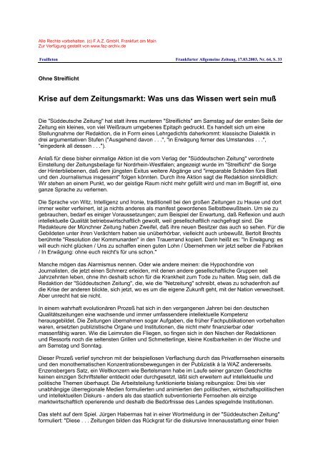 Frankfurter Allgemeine Zeitung, 17.03.2003, Nr ... - Medium Magazin