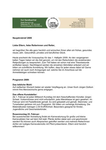 Gut Sandbachtal Neujahrsbrief 2009 - Reitschule FN auf Gut ...
