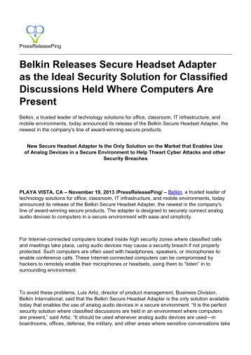 Belkin Releases Secure Headset Adapter as the Ideal Security Solution for Classified Discussions Held Where Computers Are Present.pdf