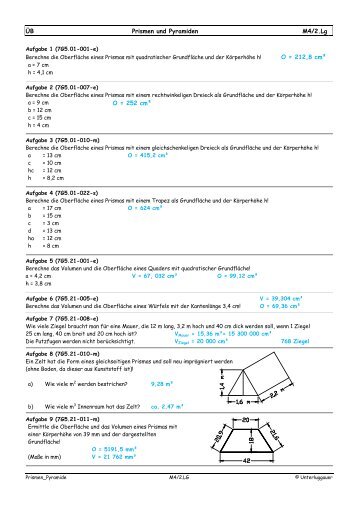 ÜB Prismen und Pyramiden M4/2.Lg O = 212,8 cm² O = 252 cm²