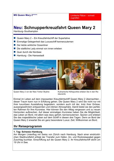 Schnupperkreuzfahrt Queen Mary 2 - Reisebüro Mittelthurgau Fluss ...