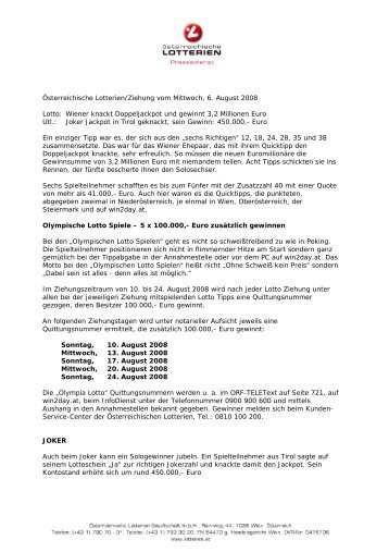 Österreichische Lotterien/Ziehung vom Mittwoch, 6. August 2008 ...