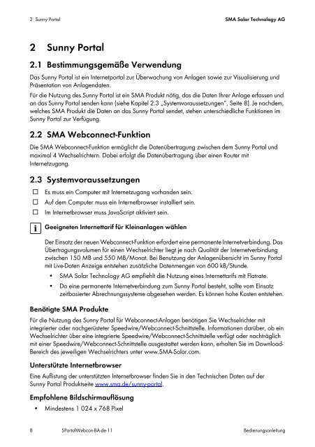 Webconnect‑Anlagen im SUNNY PORTAL - SMA Solar Technology ...