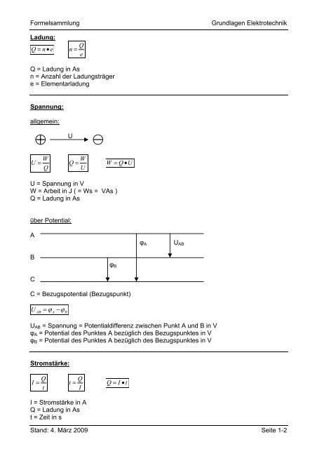 Formelsammlung Grundlagen Elektrotechnik Stand: 4. März 2009 ...