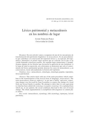 9. Léxico patrimonial y metacedeusis en los nombres de lugar, por