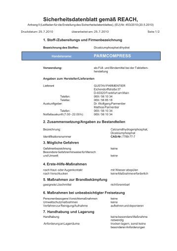 Sicherheitsdatenblatt gemäß REACH, - Parmentier.de