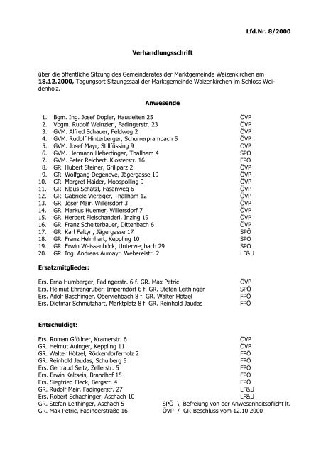 Lfd.Nr. 8/2000 Verhandlungsschrift über die öffentliche Sitzung des ...