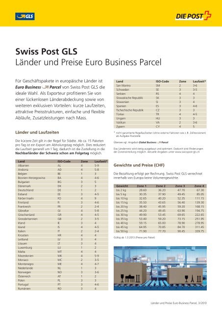 Fact Sheet &quot;Länder und Preise Europa ... - Swiss Post GLS