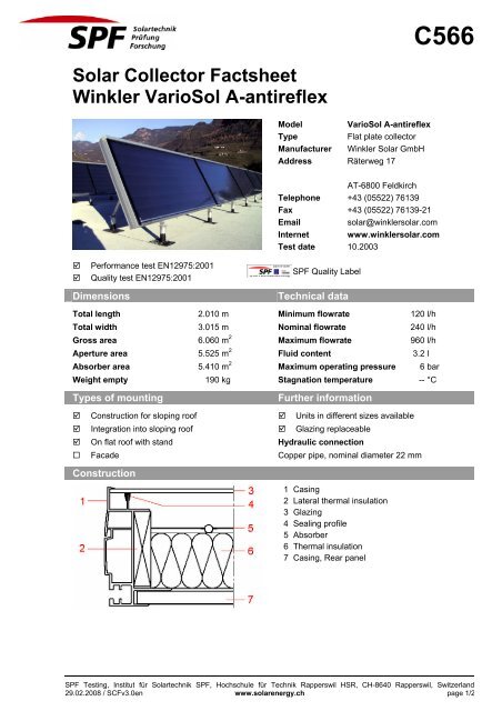Solar Collector Factsheet Winkler Variosol A-antireflex