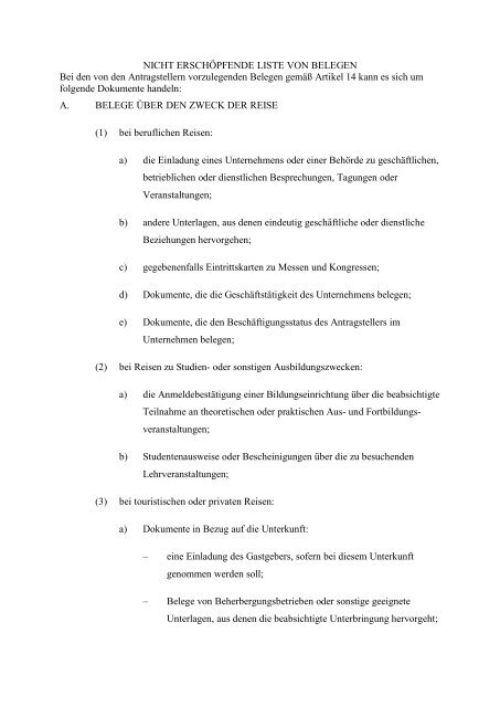 NICHT ERSCHÖPFENDE LISTE VON BELEGEN Bei den von den ...