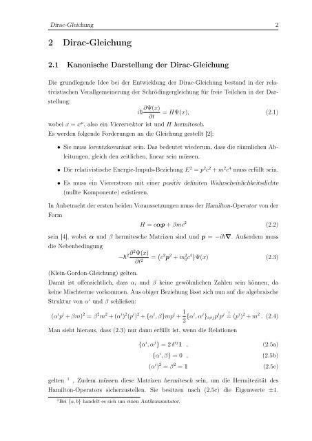 Nichtrelativistische Näherung der Dirac-Gleichung - Fakultät für ...
