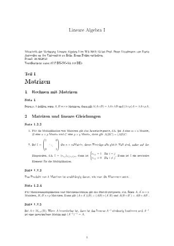 Matrizen - Analysis I, Lineare Algebra I im WS 2012/2013