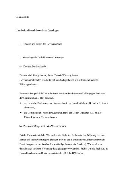 Geldpolitik III I. Institutionelle und theoretische Grundlagen 1 ...
