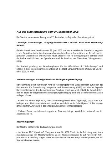 Aus der Stadtratssitzung vom 27. September 2005 - Stadt Frauenfeld