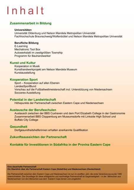 Broschüre zur Zusammenarbeit Niedersachsen - Eastern Cape