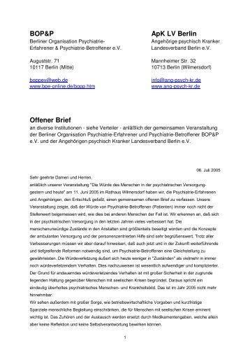 Offener Brief - Bundesverband Psychiatrie-Erfahrener e.v.