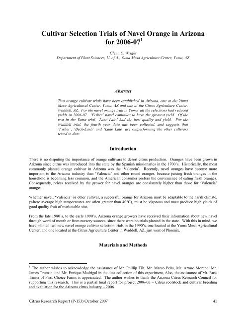 Cultivar Selection Trials of Navel Orange in Arizona for 2006-07