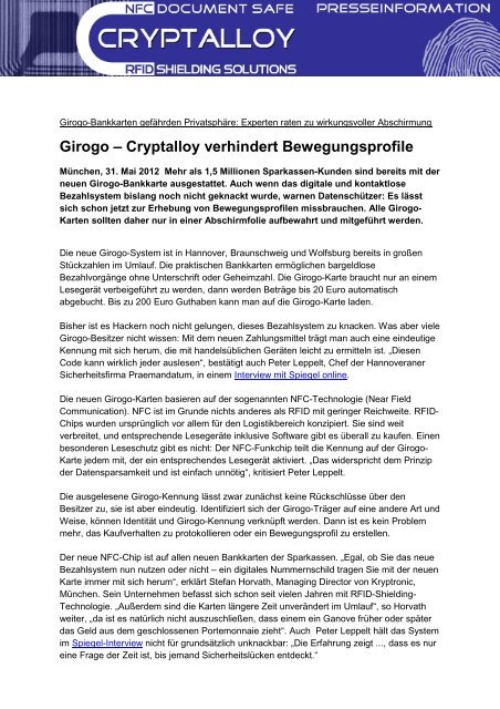 Girogo – Cryptalloy verhindert Bewegungsprofile
