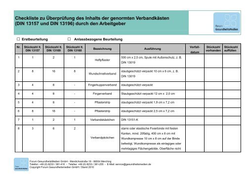 Checkliste Verbandkasten - Forum Gesundheitsmedien