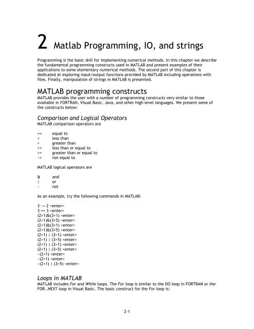 2 Matlab Programming, IO, and strings