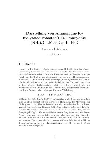 Darstellung von Ammonium-10- molybdodikobaltat(III)-Dekahydrat ...