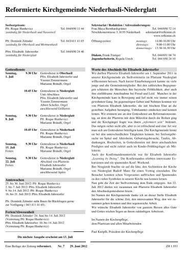 Beilage "reformiert" vom 29.06.2012 - Niederhasli-Niederglatt
