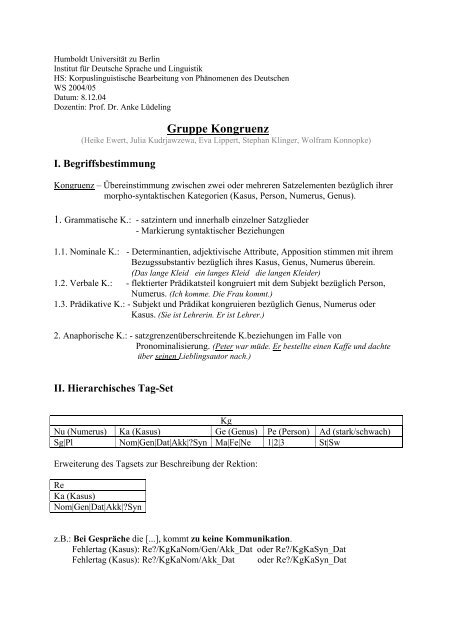 Gruppe Kongruenz - Institut für deutsche Sprache und Linguistik ...