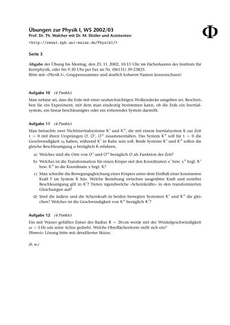 Übungen zur Physik I, WS 2002/03