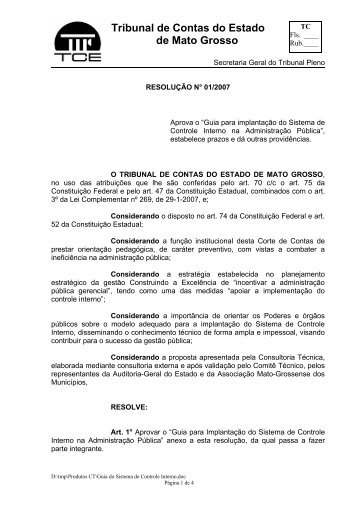 resolução nº 01/2007-tce/mt - Tribunal de Justiça do Estado do Mato ...