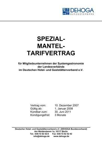 SPEZIAL- MANTEL- TARIFVERTRAG - DEHOGA Niedersachsen