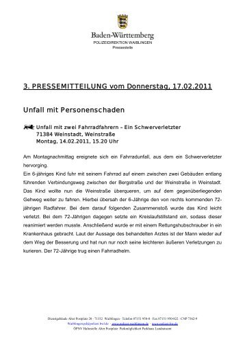 3. PRESSEMITTEILUNG vom Donnerstag, 17.02.2011 Unfall mit ...