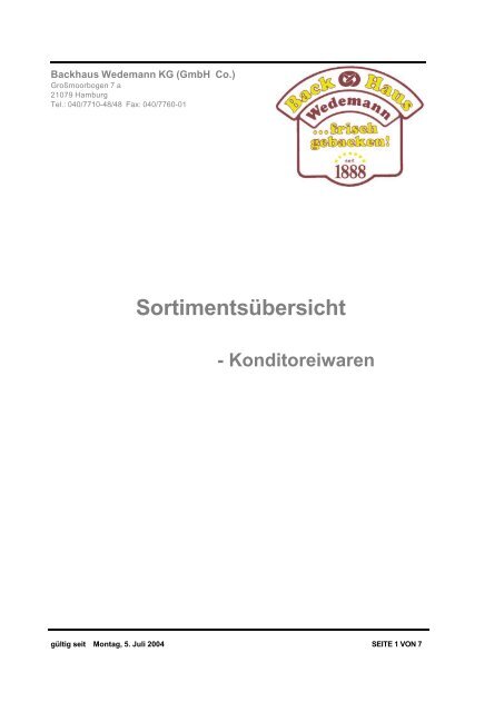 Sortimentsubersicht Konditoreiwaren