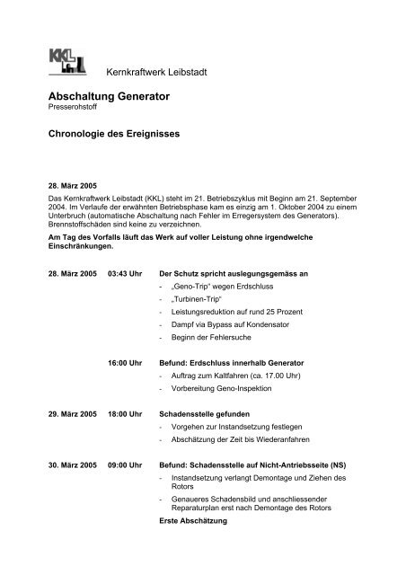 Abschaltung Generator Chronologie - Kernkraftwerk Leibstadt