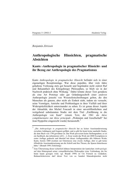 Anthropologische Hinsichten, pragmatische Absichten