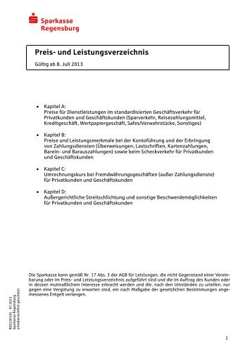 Preis- und Leistungsverzeichnis - Sparkasse Regensburg