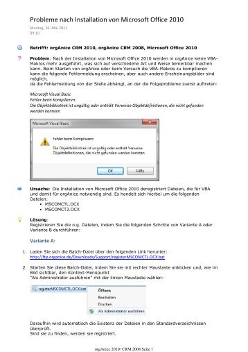 Probleme nach Installation von Microsoft Office 2010 - orgAnice