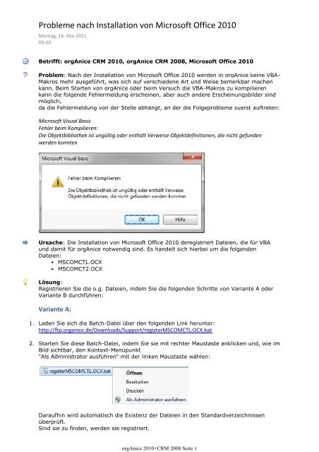 Probleme nach Installation von Microsoft Office 2010 - orgAnice