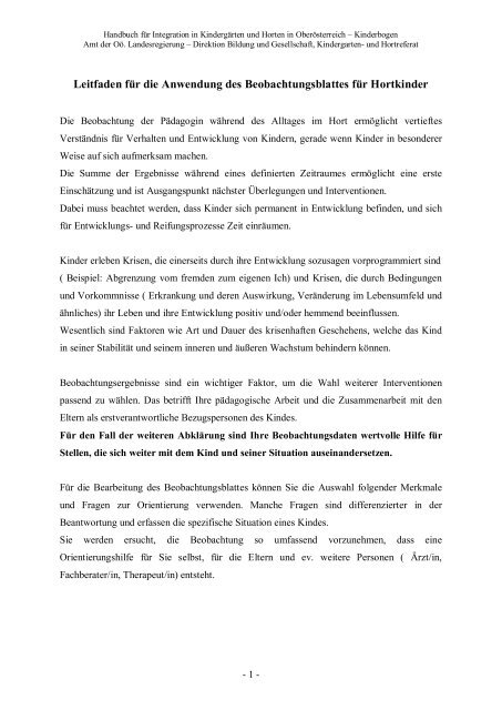 Hausarbeit Beobachtung Eines Kindes Beispiel Leitfaden für die Anwendung des Beobachtungsblattes - Kindernet