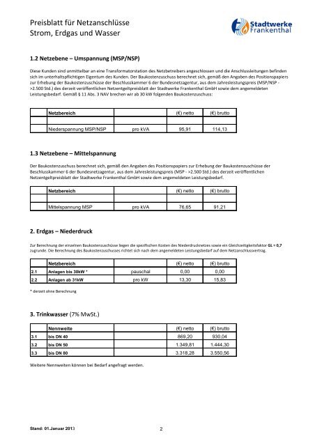 Preisblatt für Netzanschlüsse Strom, Erdgas und Wasser