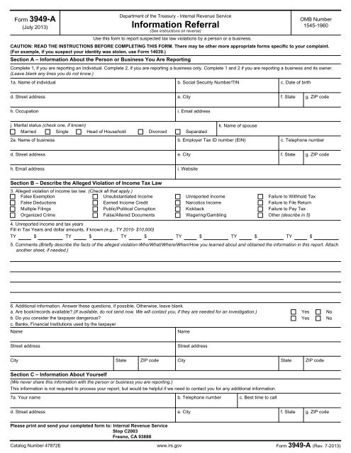 Form 3949-A, Information Referral - Internal Revenue Service