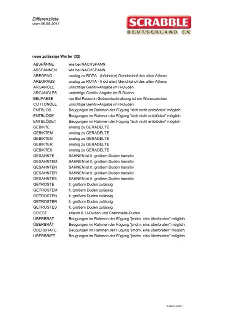 Differenzliste - Scrabble Deutschland eV