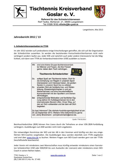 Bericht des Referenten für SR-Wesen - TTKV Goslar eV