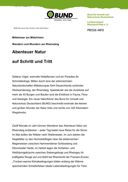 Presse Information Zum Buch Natur Touren Bund Landesverband