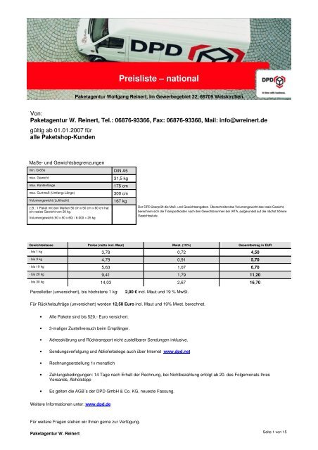 Preisliste und Rahmenbedingungen - Transporte Reinert