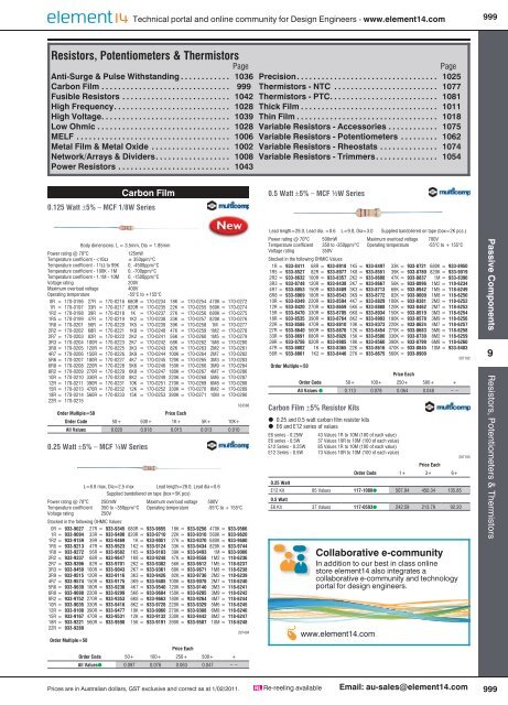 Resistors, Potentiometers &amp; Thermistors - Products - Element14