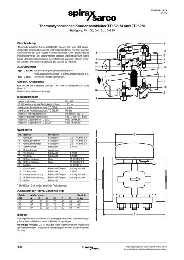 Thermodynamischer Kondensatableiter TD 62LM ... - Spirax Sarco