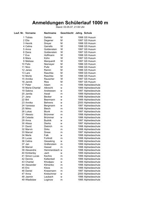 Anmeldungen Schülerlauf 1000 m - Nienburg Online